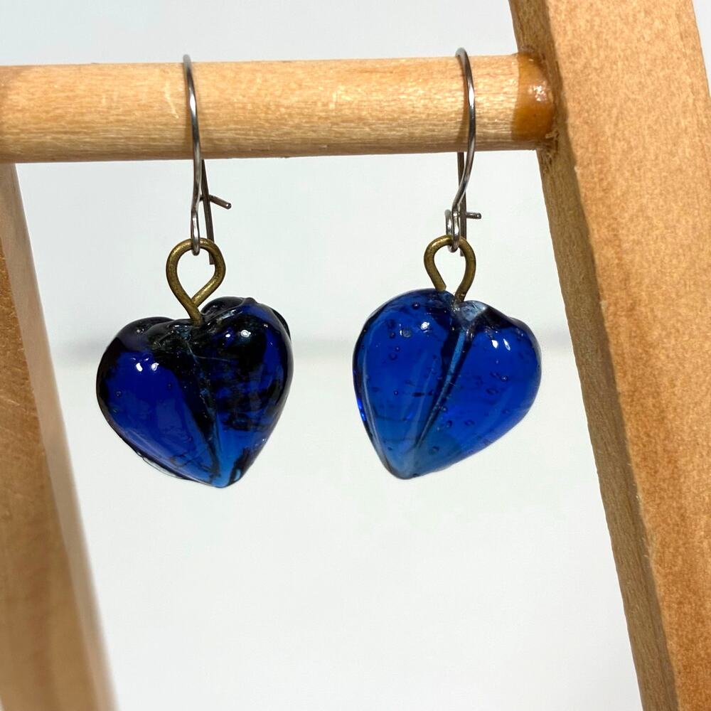Blue Heart Earrings Glass Clear Dangle Statement Hook Handmade 1 1/2" Long